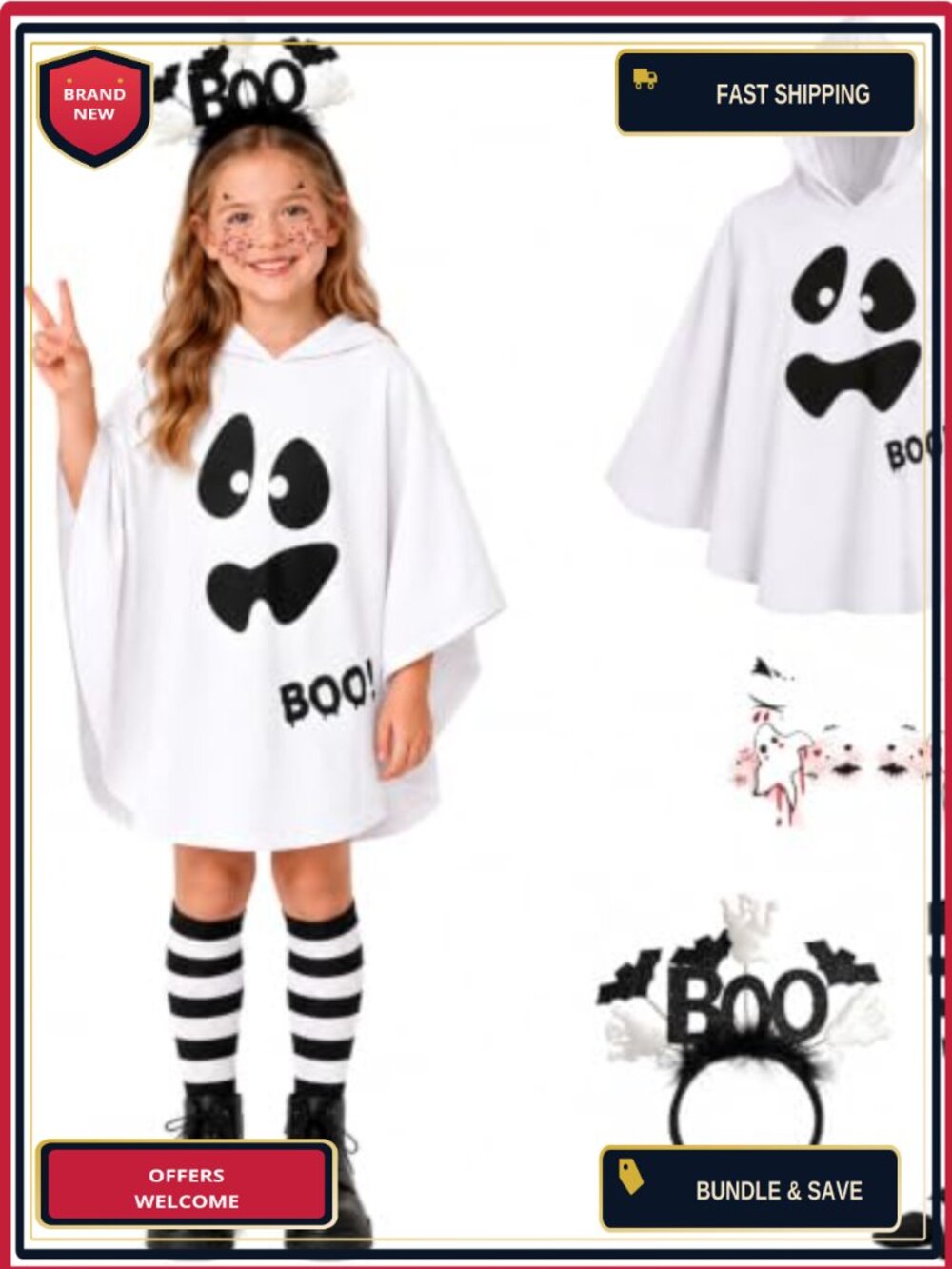 Ghost Costume Set Cloak Socks Headband Kids Halloween Dress-Up